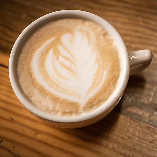 A white mug of latte with a delicate leaf design in the foam, on a rustic wooden table.