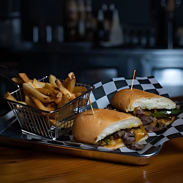 Two cheesesteak sandwiches with fries in a metal basket on a tray at Driftwood Cafe.